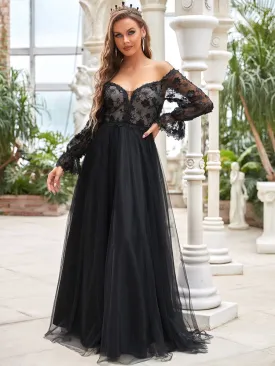 A-Line Off Shoulder Lantern Sleeve Black Wedding Dress