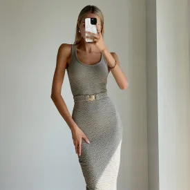 AINE Khaki Sleeveless Bodycon Midi Dress