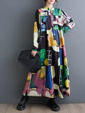 Women's Colorful Loose Large Size Print Mid-Length A-Line Dress